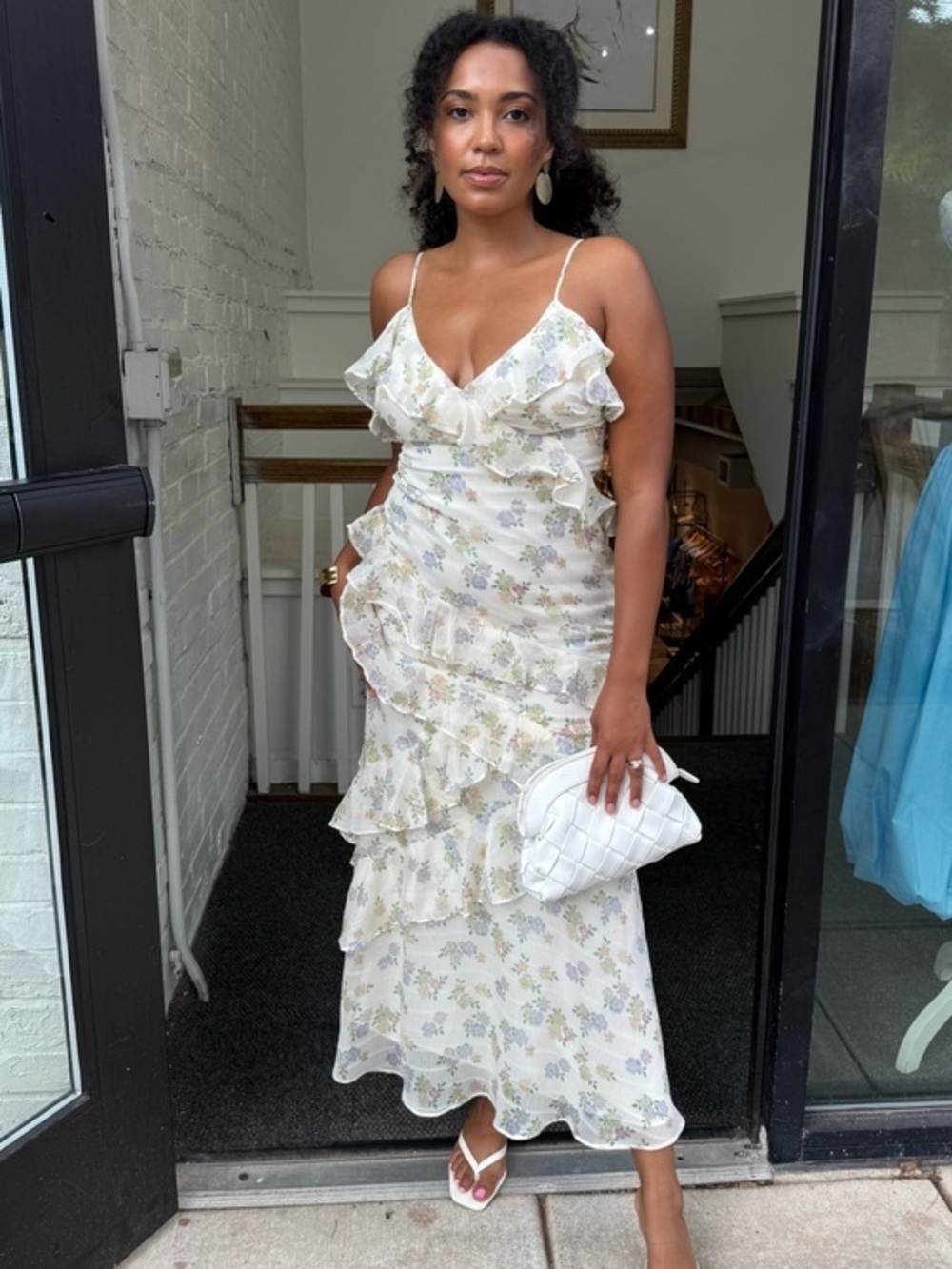 White Floral tiered Ruffle midi Dress